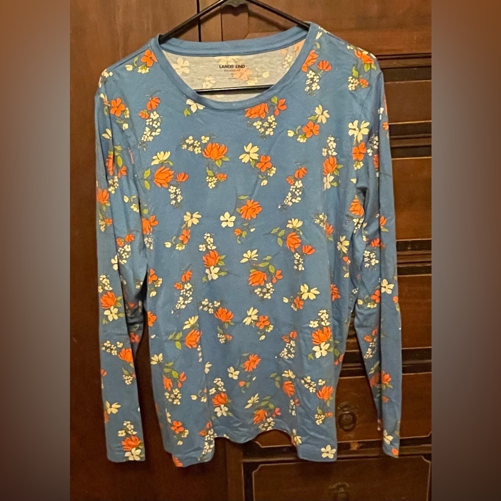 Lands' End Blue Floral Long Sleeve Tee
